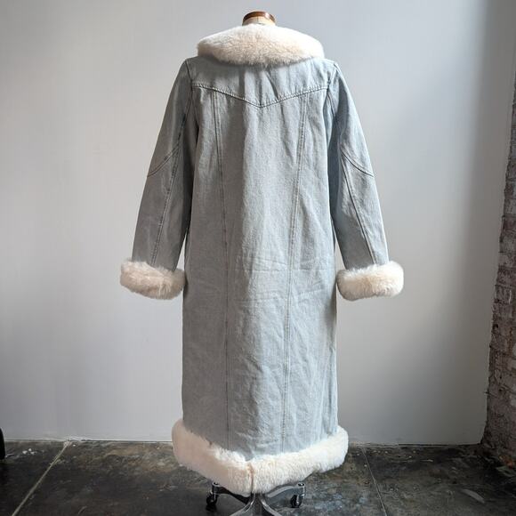 Y2K Faux Fur Penny Lane Afghan Coat Denim Trench Coat 90s Boho Jean Jacket Med - Picture 6 of 8